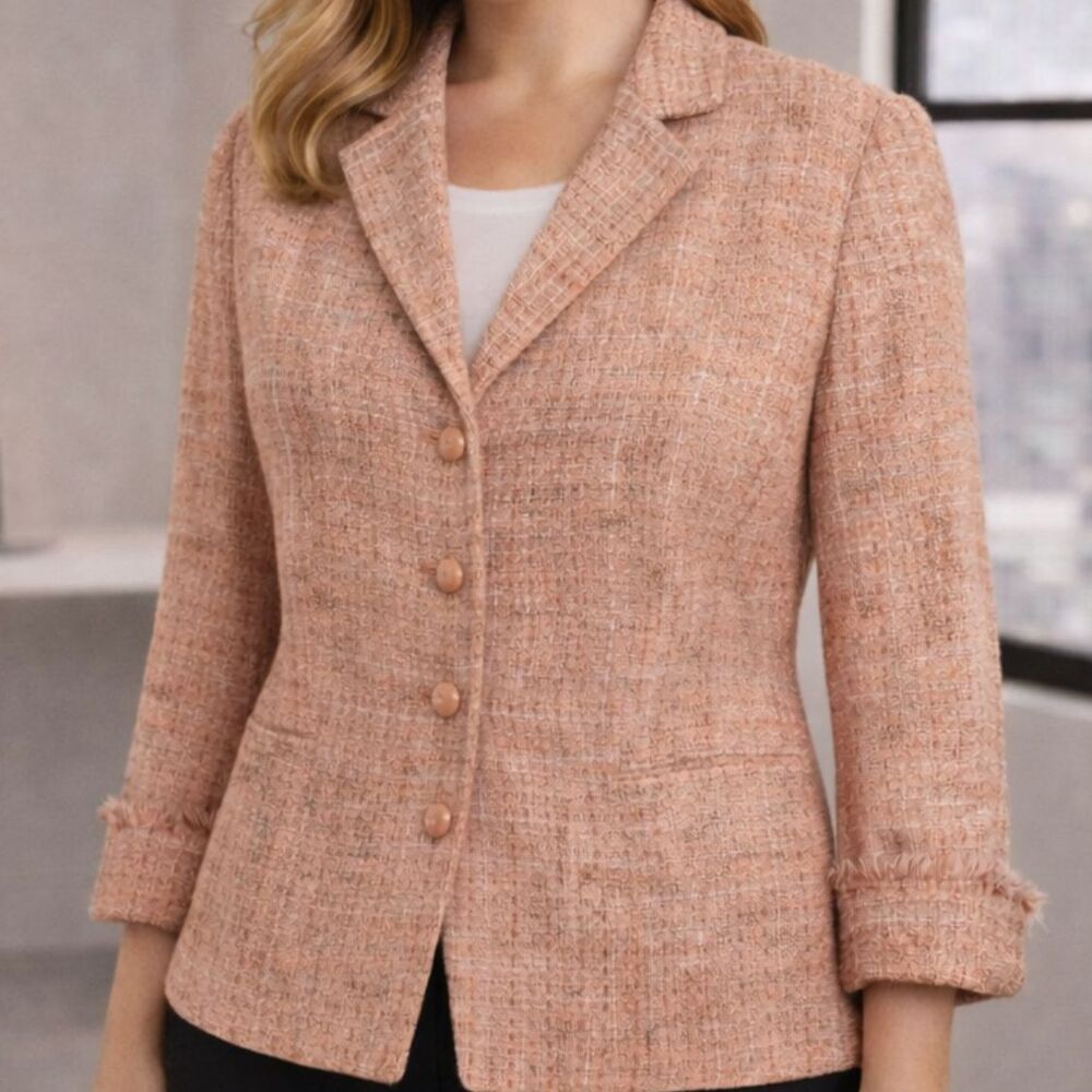 Kasper Pink Tweed Blazer Jacket 8 Frayed Cuff Lady Jacket Preppy Coquette Chic